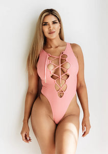 KATRINA LACE UP ONE PIECE SWIMSUIT IN PINK