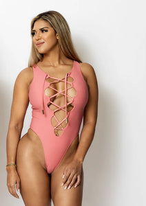 KATRINA LACE UP ONE PIECE SWIMSUIT IN PINK