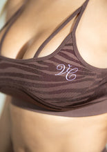 Load image into Gallery viewer, DESTINY SEAMLESS ZEBRA PRINT SPORTS BRA IN SPARKLY BROWN
