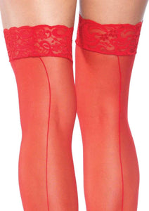 Sheer Lace Top Stockings-Red